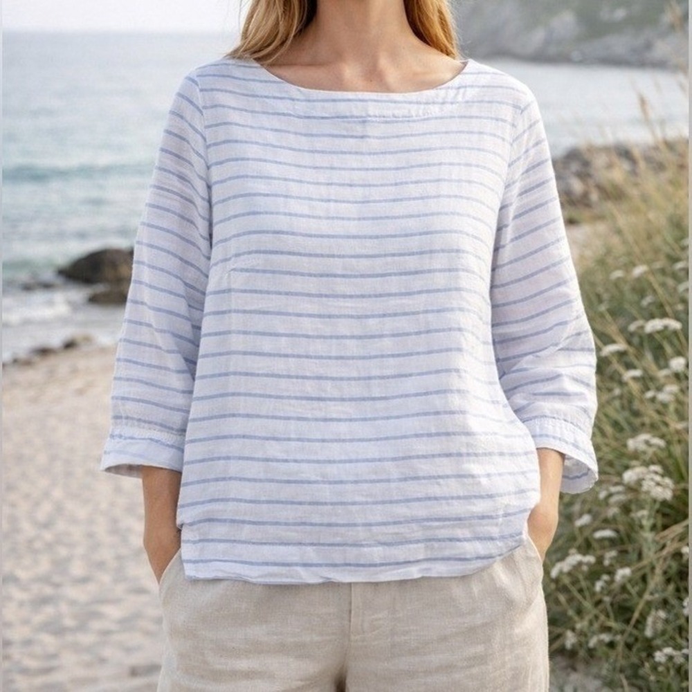 Martha Stewart Collection 100% Linen Blue White Striped Coastal Blouse Womens M